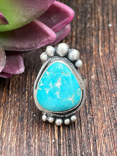 Henshaw Sterling Turquoise Ring With Upper & Lower Bead Detail