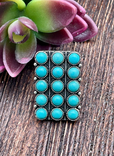 Rectangle earrings with turquoise stones on a wooden surface with succulents.