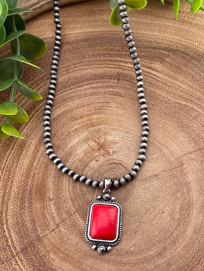 Coldwater Fashion Silver Bead Necklace With Rectangle Stone Pendant - 18"