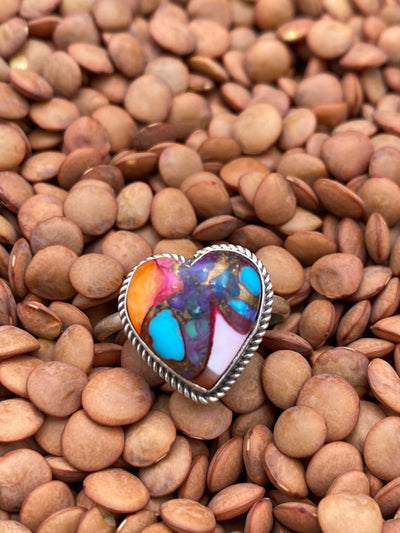 London Roped Sterling Turquoise Spiny Mix Heart Ring - Size 8