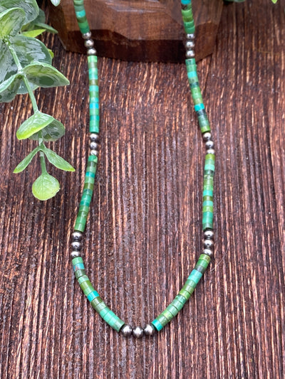 Balinese Green Turquoise Heishi Necklace With 3mm Navajo Pearl Accents - 18"