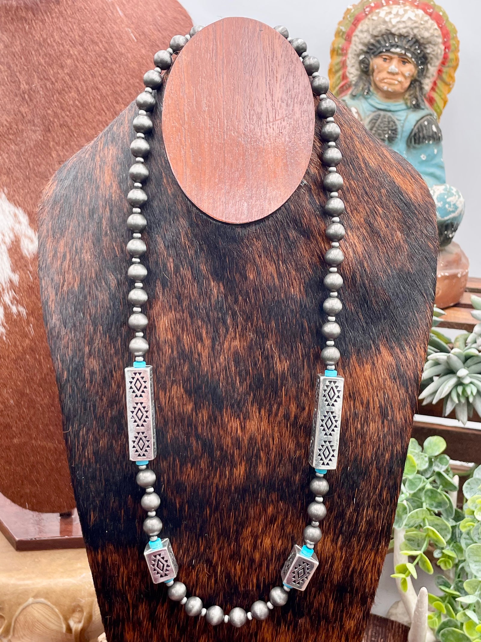 Kaya 10mm Fashion Native Necklace With Stamped Rectangle Beads - 28"