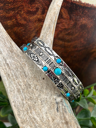 Leroy Stamped Silver Stackable Stretch Bracelets - Turquoise