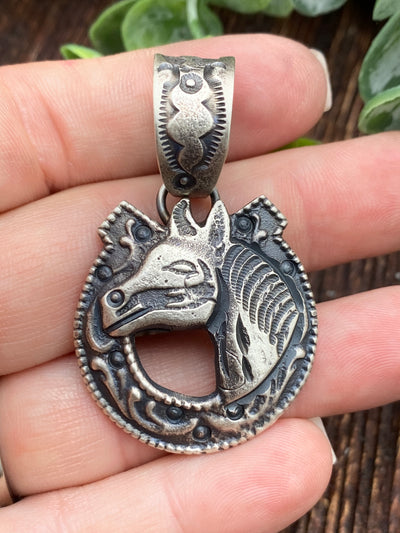 Smokey Stamped Sterling Horse & Horseshoe Pendant