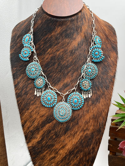Fortega Sterling Link Chain Turquoise Cluster Charm Necklace - 22"