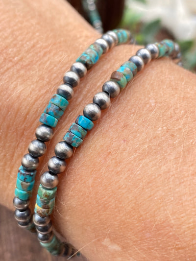 Kipling Turquoise Cylinder & 4mm Navajo pearl Sterling Stretch Bracelet