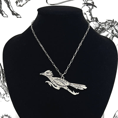 silver Roadrunner Necklace on black bust