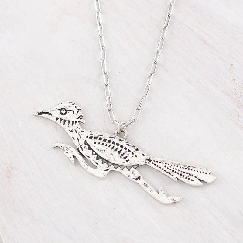 silver Roadrunner Necklace on white background