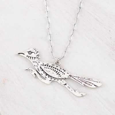 silver Roadrunner Necklace on white background