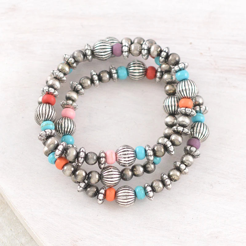 Costa Fashion Silver Multicolor Bead Stretch Bracelets - Set of 3