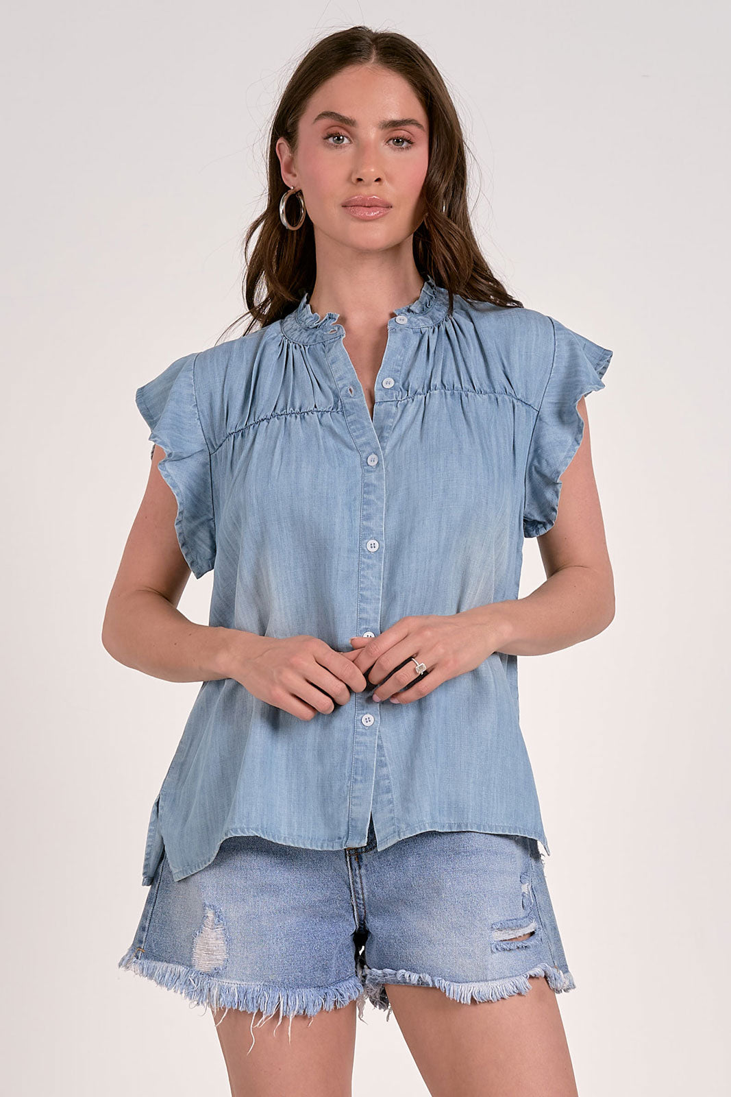 Daisy Ruffle Neck Flutter Sleeve Denim Top