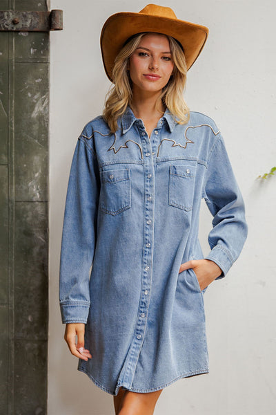 Embroidered Yoke Denim Mini Dress