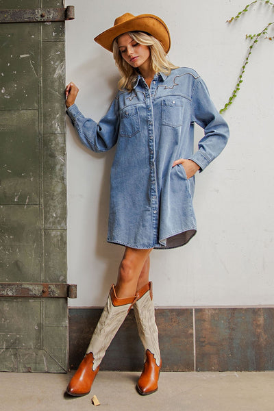 Embroidered Yoke Denim Mini Dress