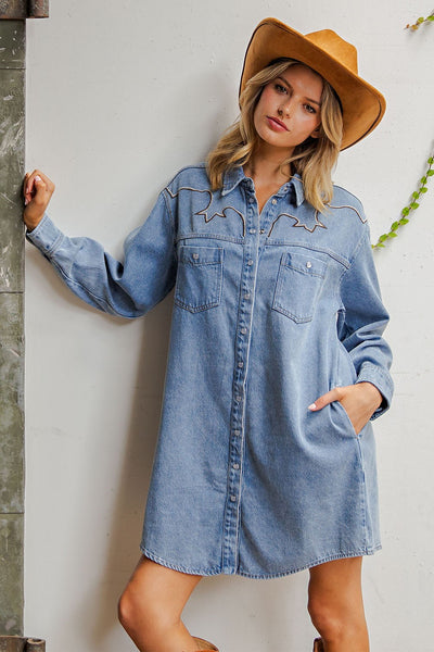 Embroidered Yoke Denim Mini Dress