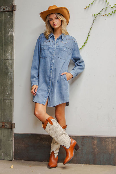 Embroidered Yoke Denim Mini Dress