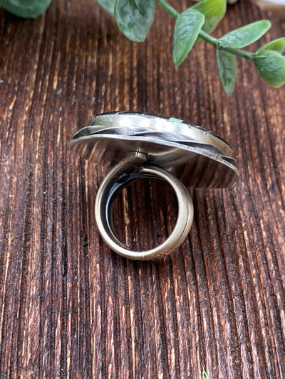 Bristol Twist Framed Sterling Round Blackjack Turquoise Stone Ring - Adj