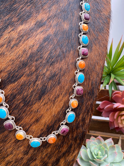 Jessa Linked Turquoise, Purple & Orange Sterling Necklace - 34"