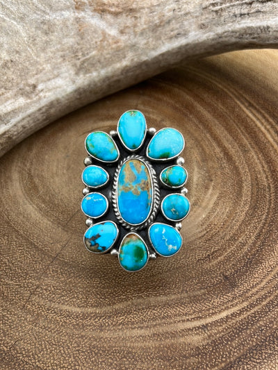 Kennedy Sterling 11 Stone Oval Center Turquoise Ring - Adjustable