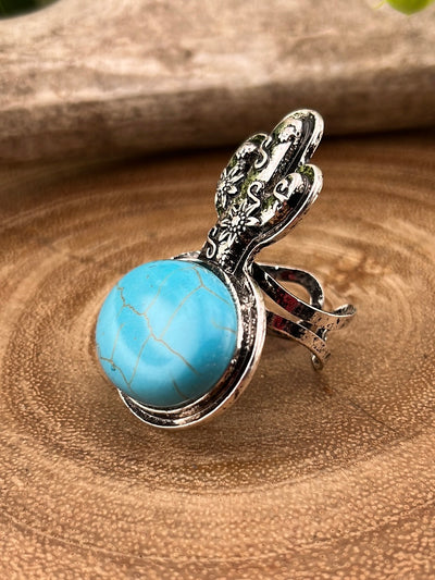 Gordon Flowered Cactus on a Stone Fashion Cuff Ring - Turquoise