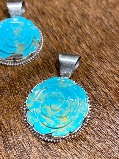Kangen Carved Rose Turquoise Sterling Pendant