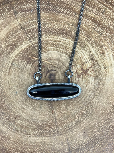 Reba Sterling Link Chain With Roped Slim Oval Onyx Pendant