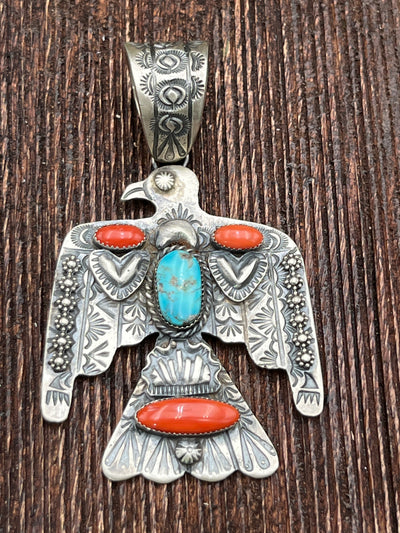 Dixon Turquoise & Coral Stamped Thunderbird Ring or Pendant