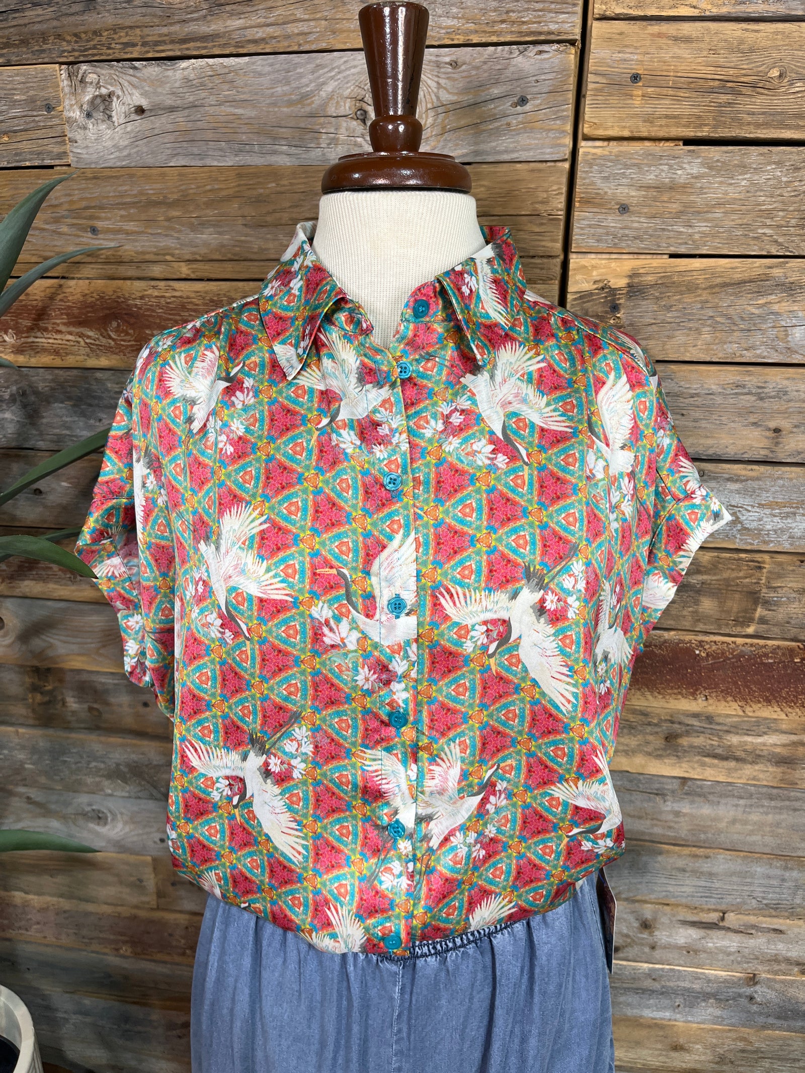Lori Salmon & Green Oriental Print Blouse