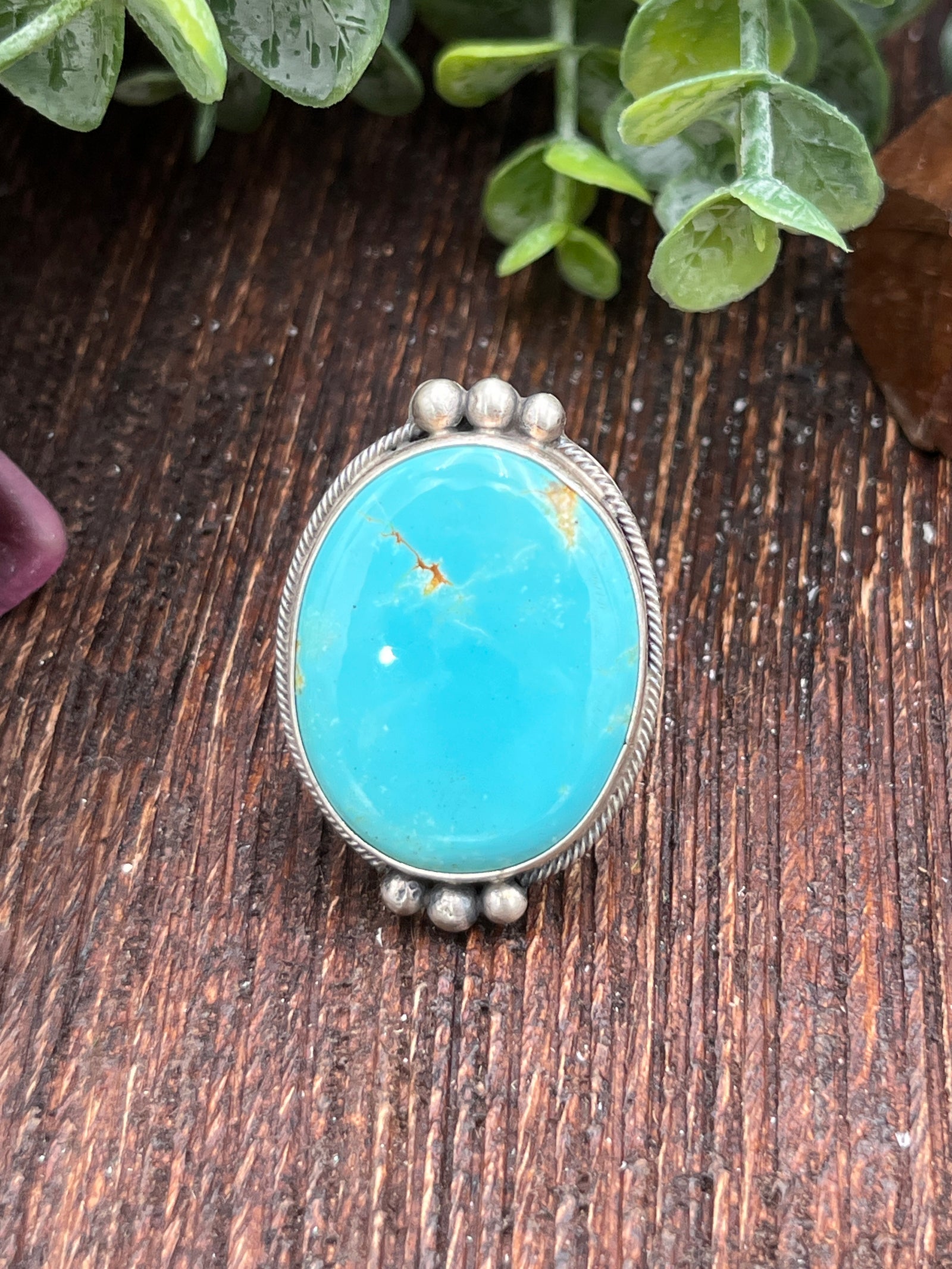 Holly Sterling Large Oval #8 Turquoise Ring With Upper & Lower Bead Detail - Adjustable
