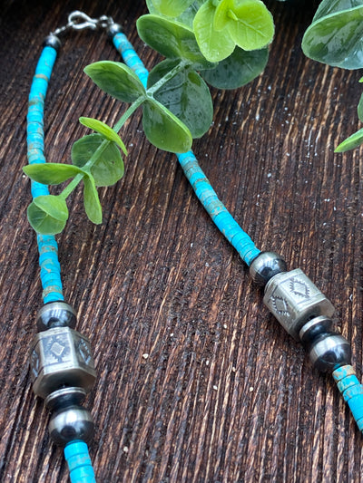 Rory Turquoise Heishi Necklace With Pearls, Saucers & Stamped Hex Beads - 18"