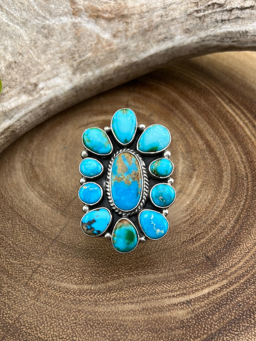 Kennedy Sterling 11 Stone Oval Center Turquoise Ring - Adjustable