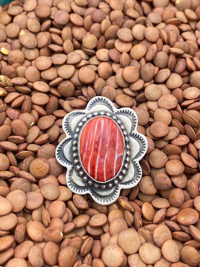 Peony Red Spiny Scalloped Sterling Adjustable Ring