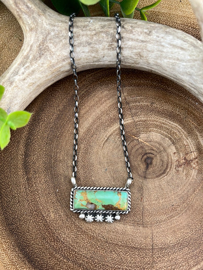 Armada Roped Sterling Kingman Turquoise Bar Necklace With Lower Bursts - 16"