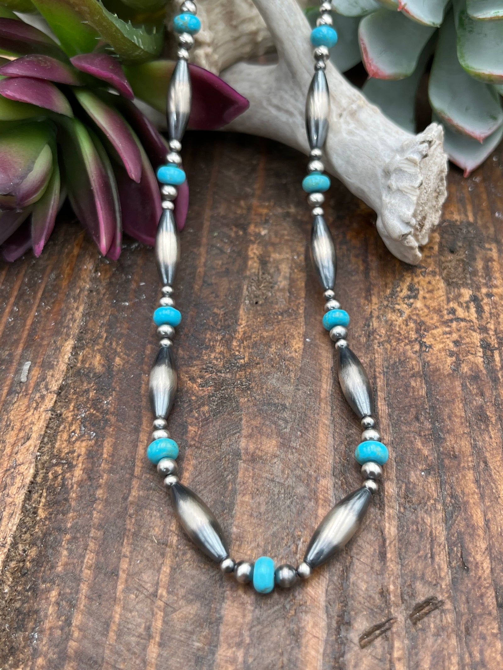 Ferguson Sterling Navajo Barrel Necklace With Turquoise Beads- 20"