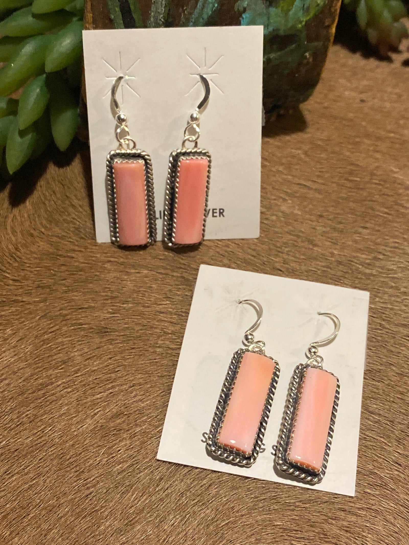 Woodland Sterling Roped Rectangle Fish Hook Earrings - Pink Conch