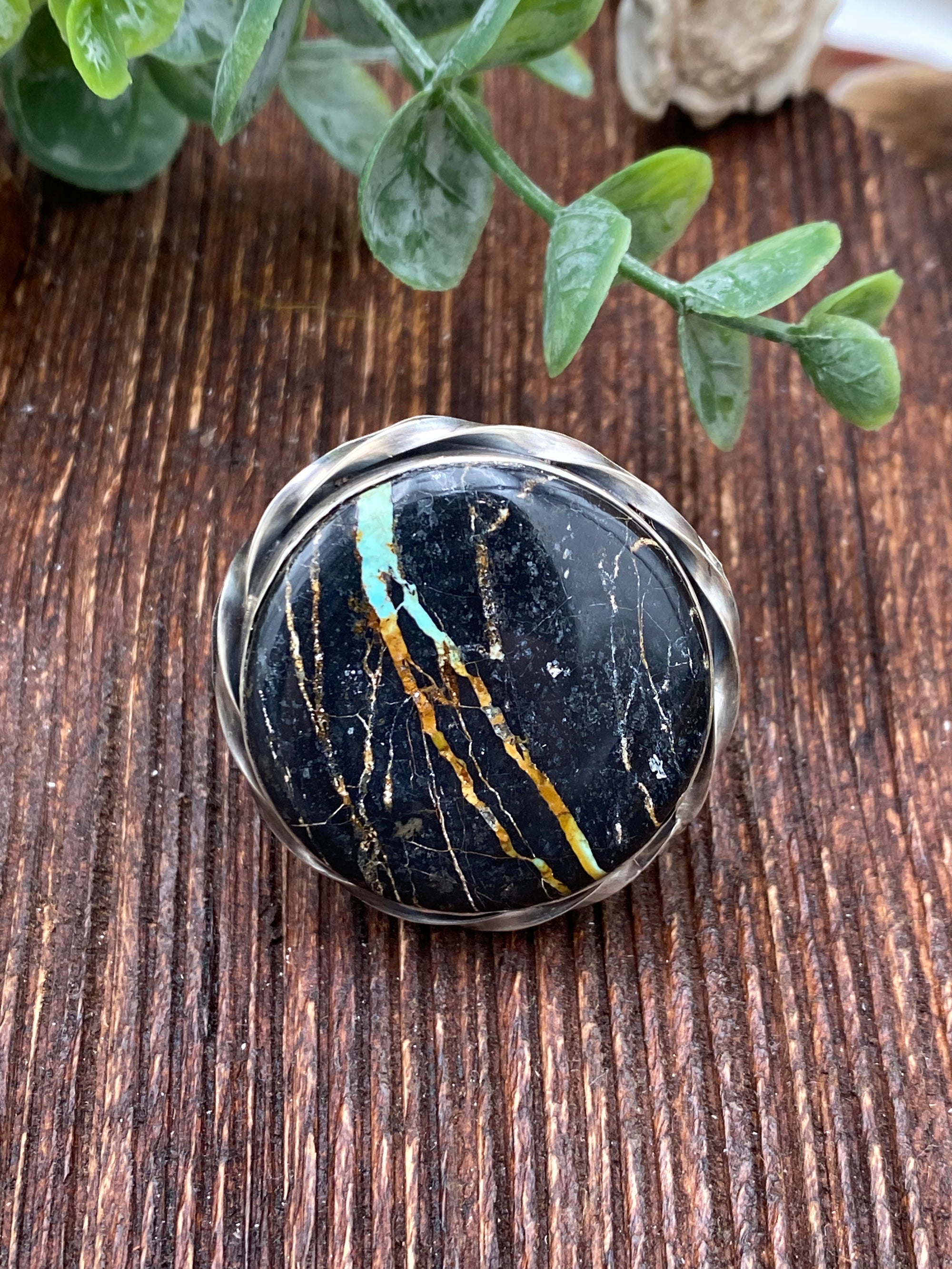 Bristol Twist Framed Sterling Round Blackjack Turquoise Stone Ring - Adj