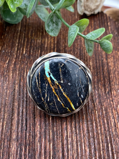 Bristol Twist Framed Sterling Round Blackjack Turquoise Stone Ring - Adj