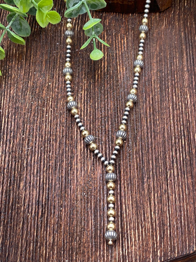 Axis Sterling 4mm Navajo, Stamped Bead & Gold Y Necklace
