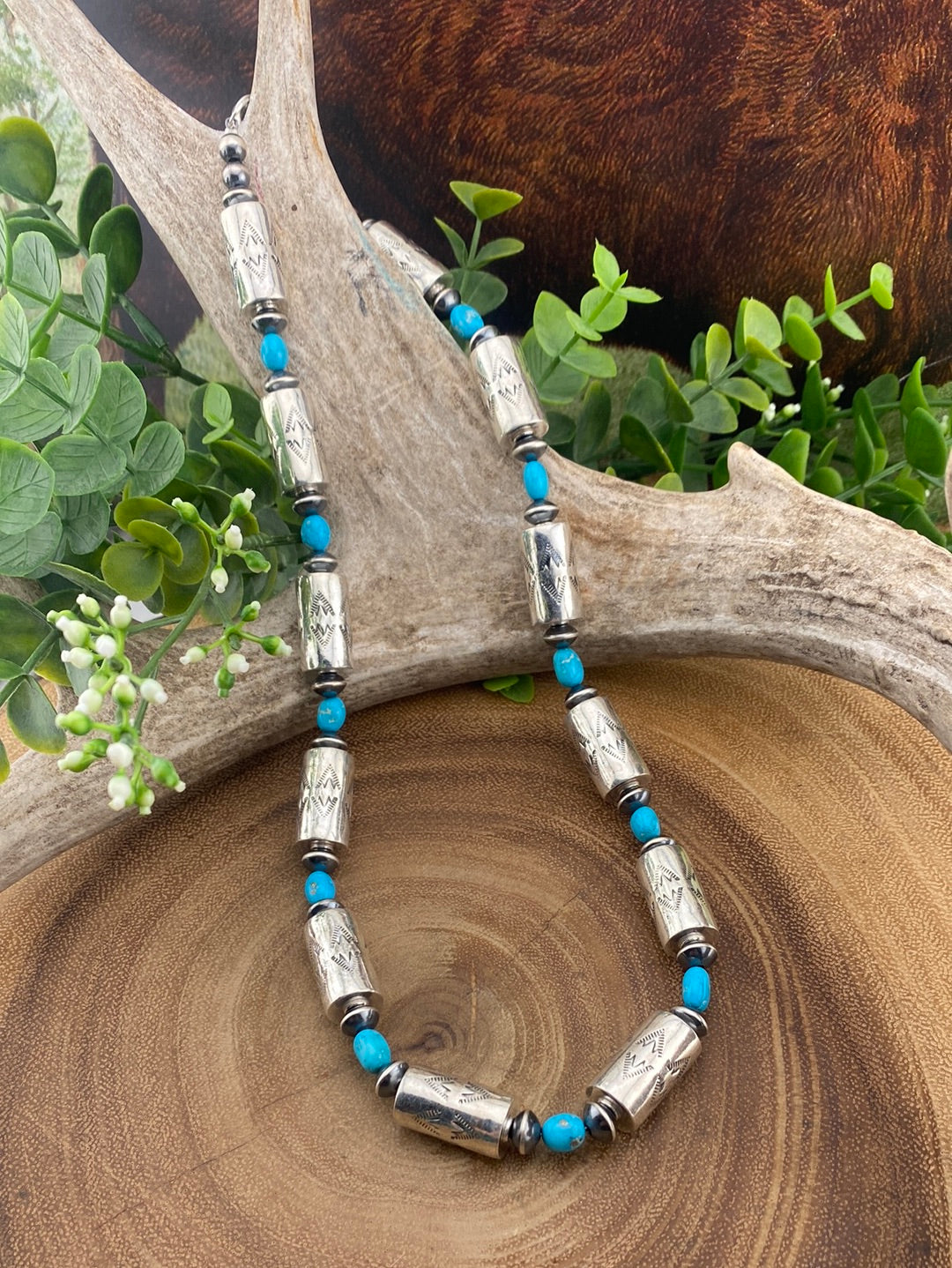 Jojo Sterling Silver Barrel Bead & Turquoise Necklace