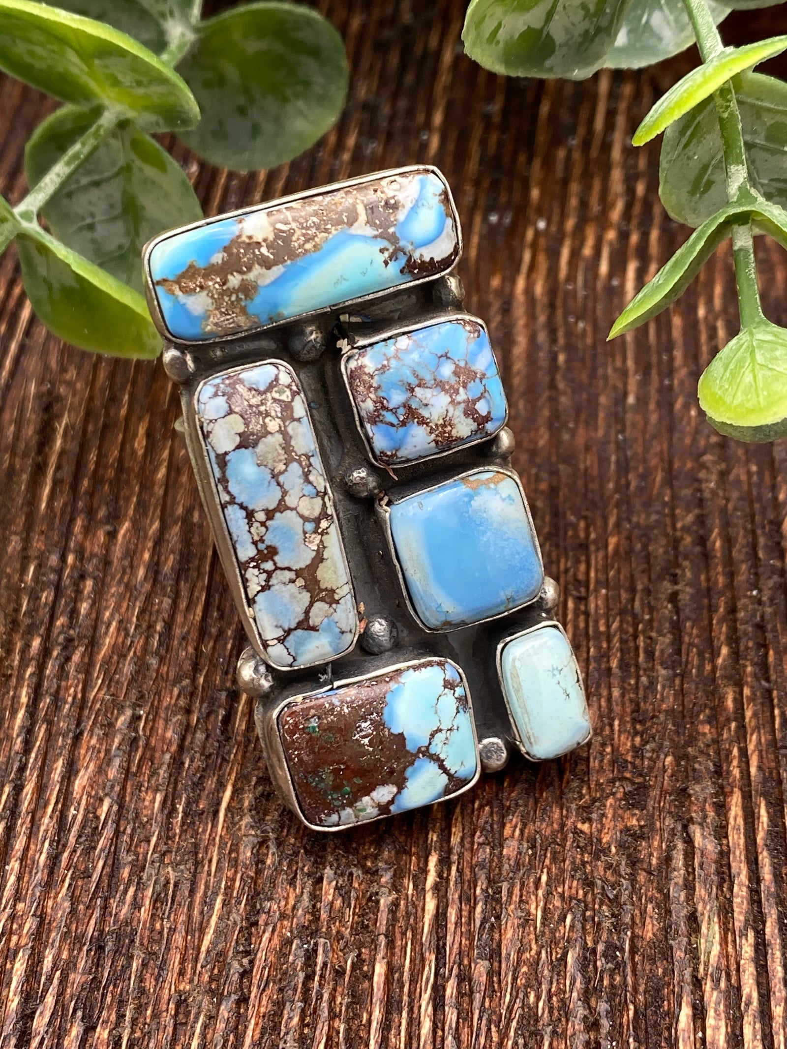 Cobblestone Sterling Rectangle 6 Stone Adjustable Ring - Turquoise