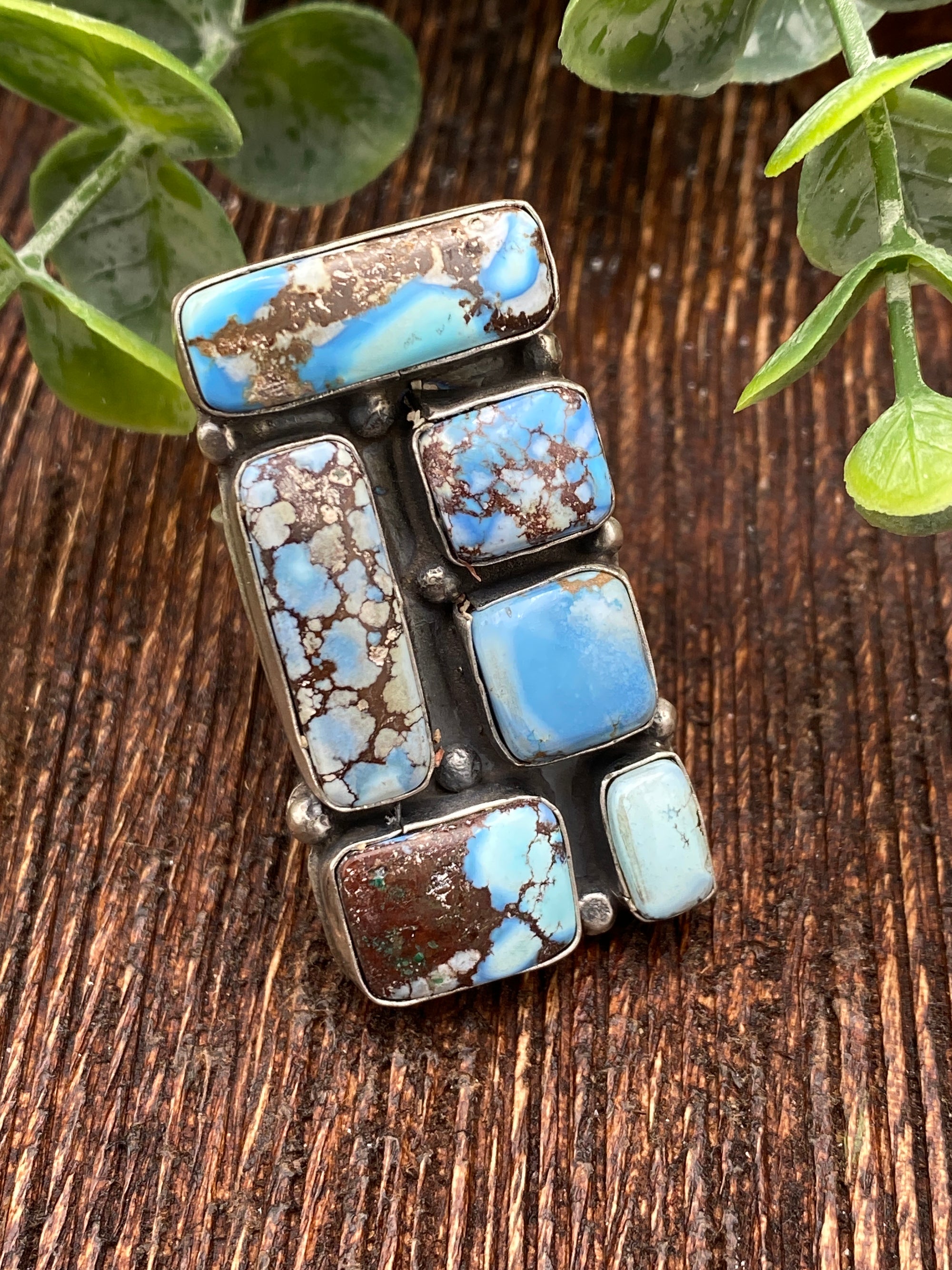 Cobblestone Sterling Rectangle 6 Stone Adjustable Ring - Turquoise