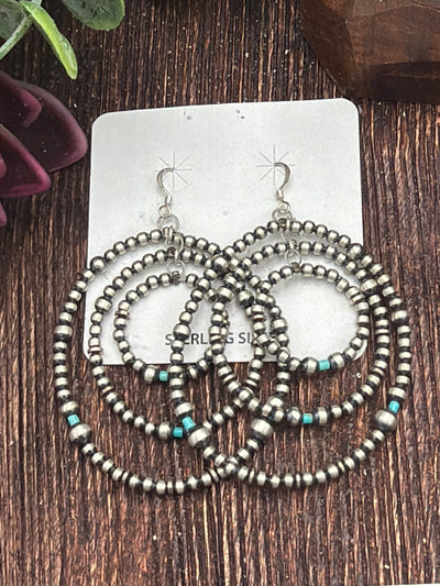 Gwynn Triple Linked Navajo Hoop Earrings with Turquoise Accents - 3"