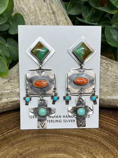 Jazzy 3 Tier Sterling Turquoise & Spiny Cross Earrings