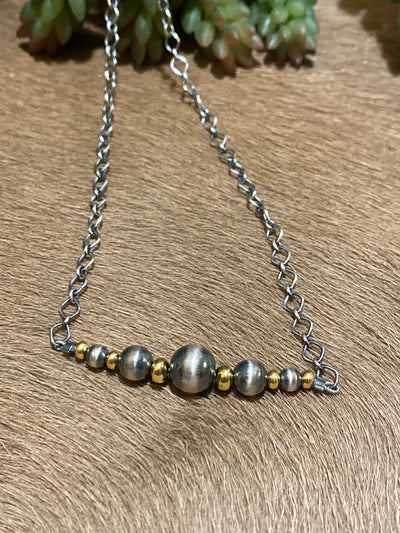 Oakdale Sterling Link Chain With Center Silver & Gold Bead Grouping - 20"