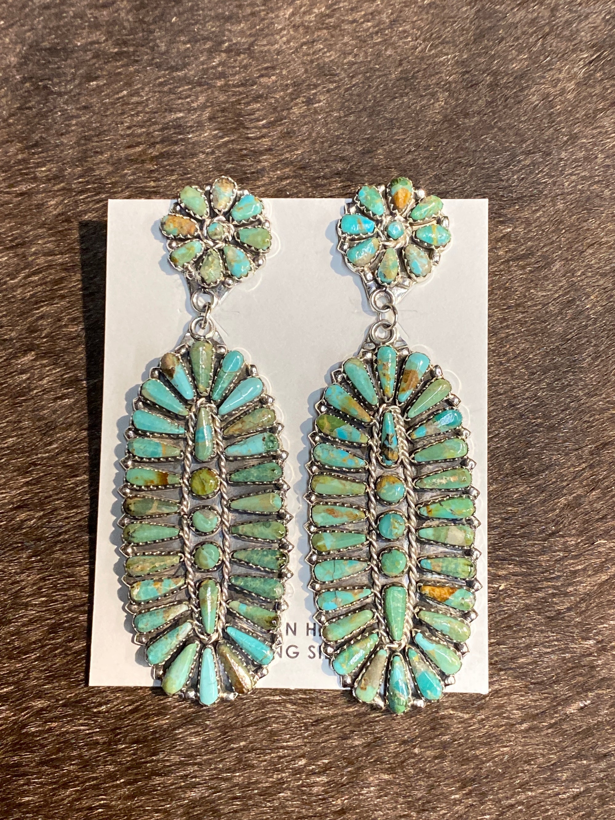 Millsap Flower Post Oval Drop Turquoise Cluster Earrings - 3.35"