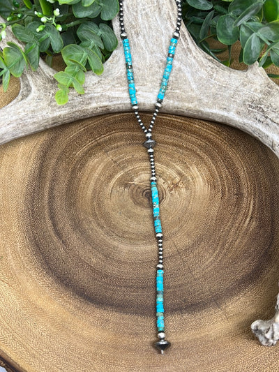 Zen Sterling Y Lariat Turquoise Cylinder & Varied Navajo Pearl Necklace