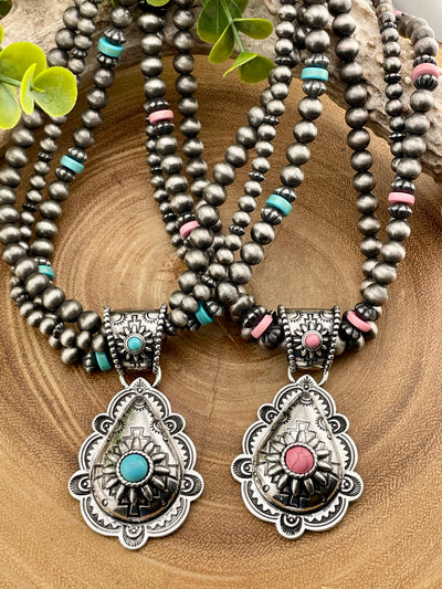 Libby Triple Strand Necklace With Scalloped Teardrop Pendant - 18"