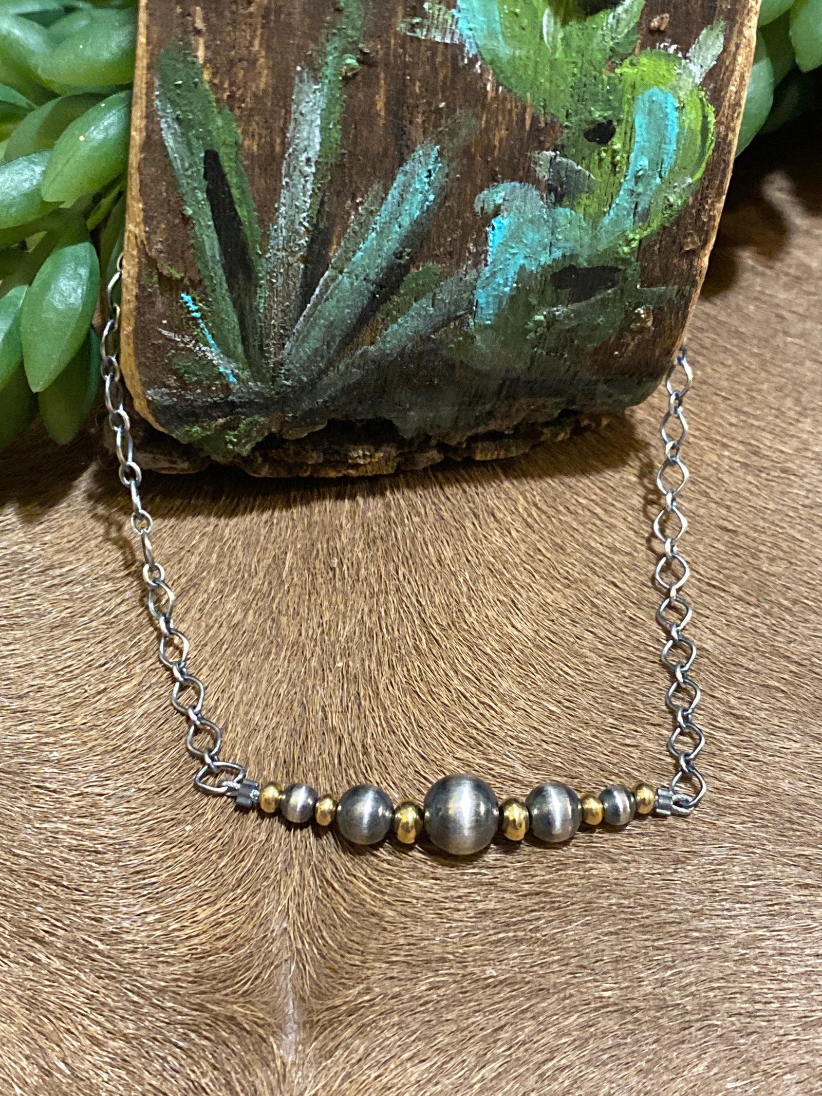 Oakdale Sterling Link Chain With Center Silver & Gold Bead Grouping - 20"