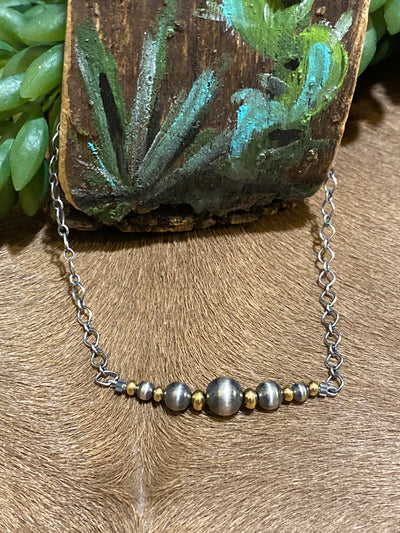 Oakdale Sterling Link Chain With Center Silver & Gold Bead Grouping - 20"