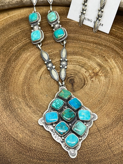 Josephina Sterling, Navajo & Turquoise Necklace With 9 Stone Pendant & Earrings Set