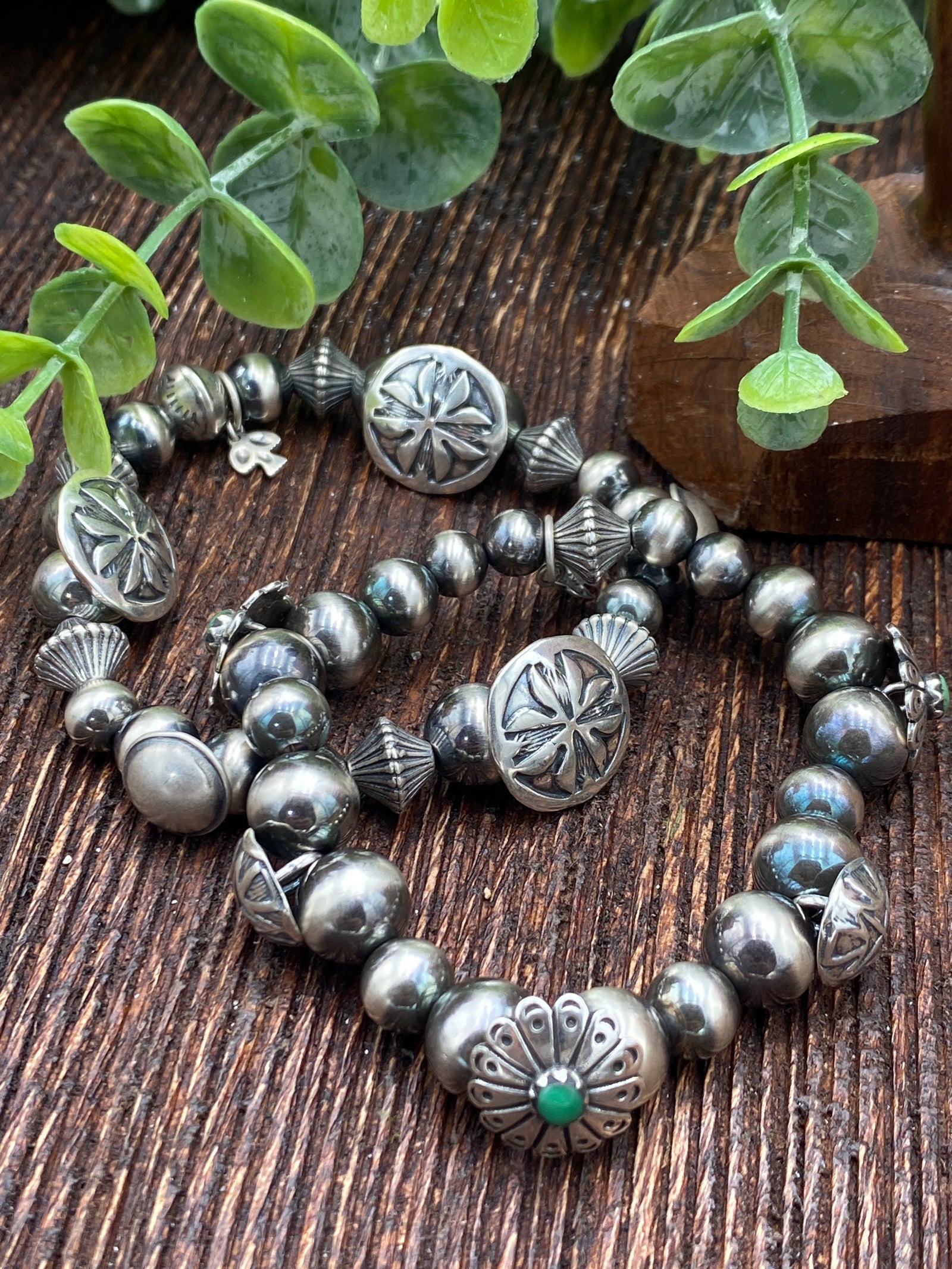 Aiken Stamped Shield & Decorative Bead Sterling Bracelet